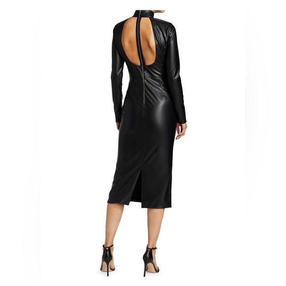 27. Alice + Olivia Delora Vegan Leather Mock Neck Open Back Dress in Black - Picture 6 of 8